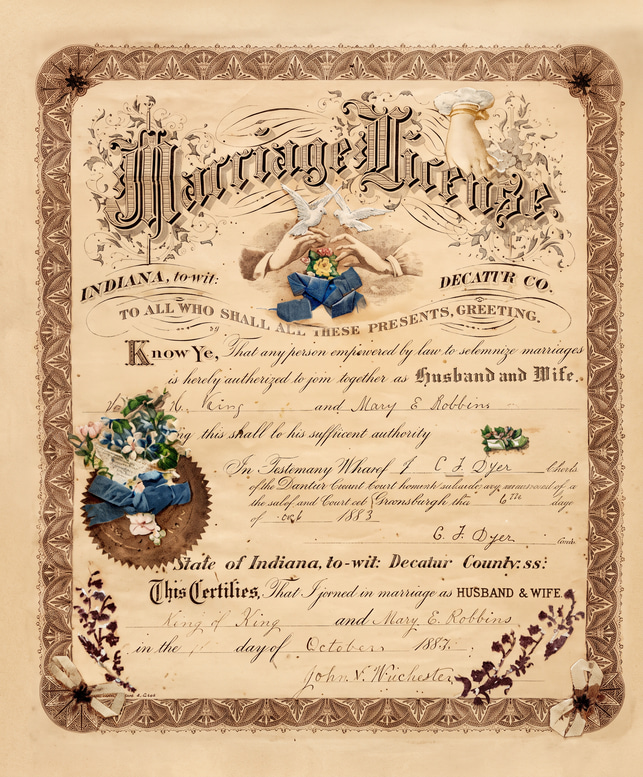 The same 1883 marriage licence restored, the fold shading lifted and the registrar's entries legible