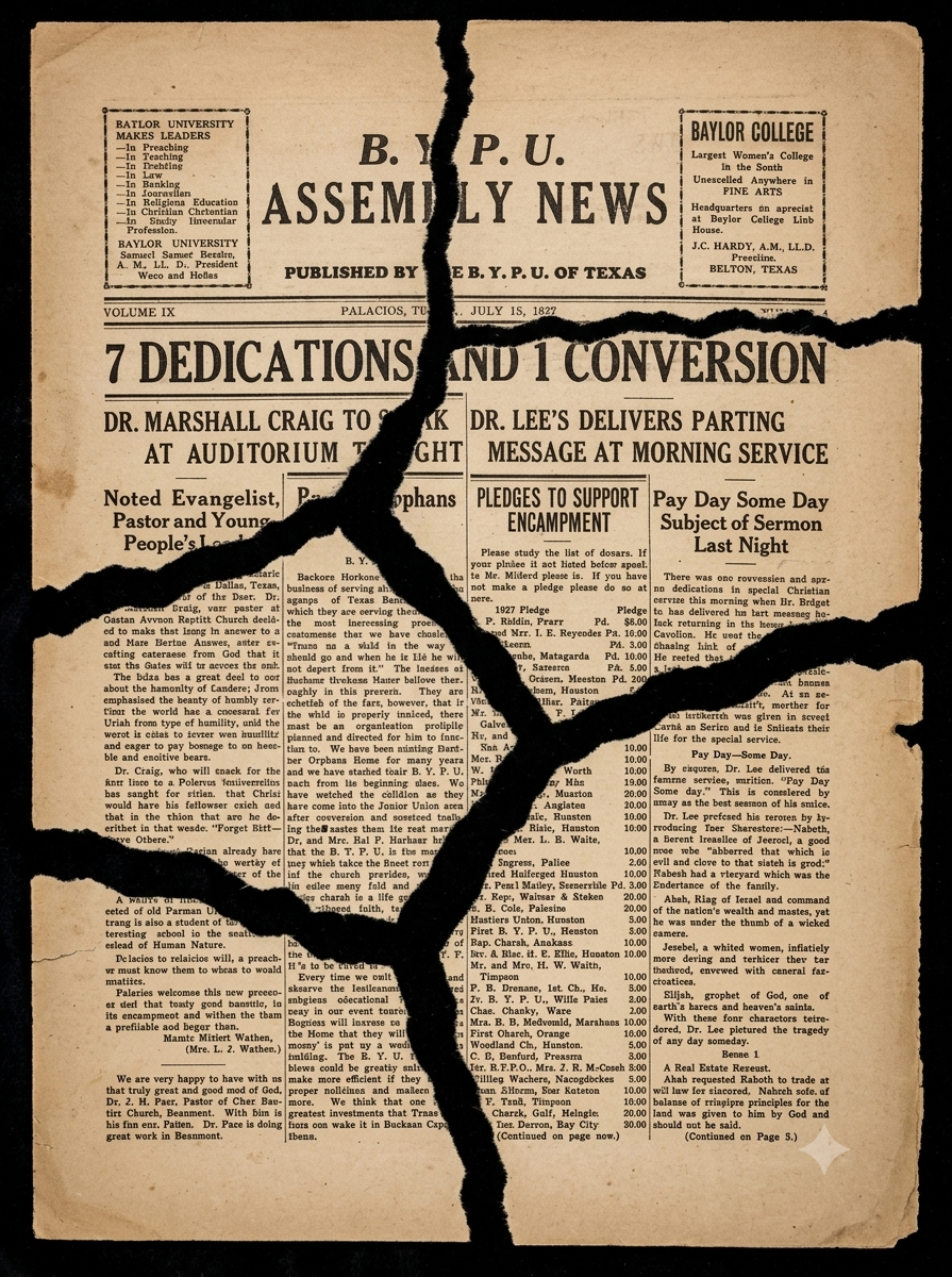 A 1927 newspaper front page torn into several pieces across the headline