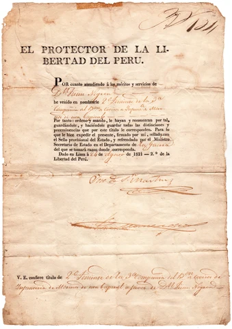 An 1821 Peruvian commission signed by the Protector of Liberty, foxed and browned with age