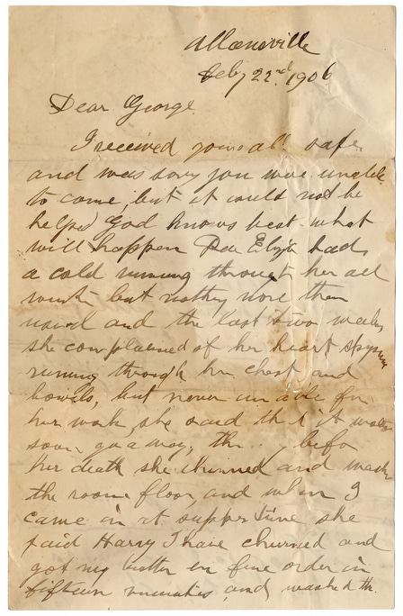 The same 1906 family letter restored, the folds lifted and the hand left exactly as written