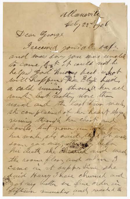 A handwritten 1906 family letter, creased and torn at one corner with the ink browning