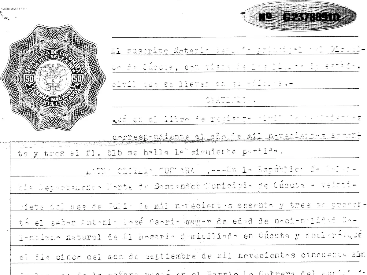 A notarial civil-registry certificate with an embossed seal, its typescript broken and patchy
