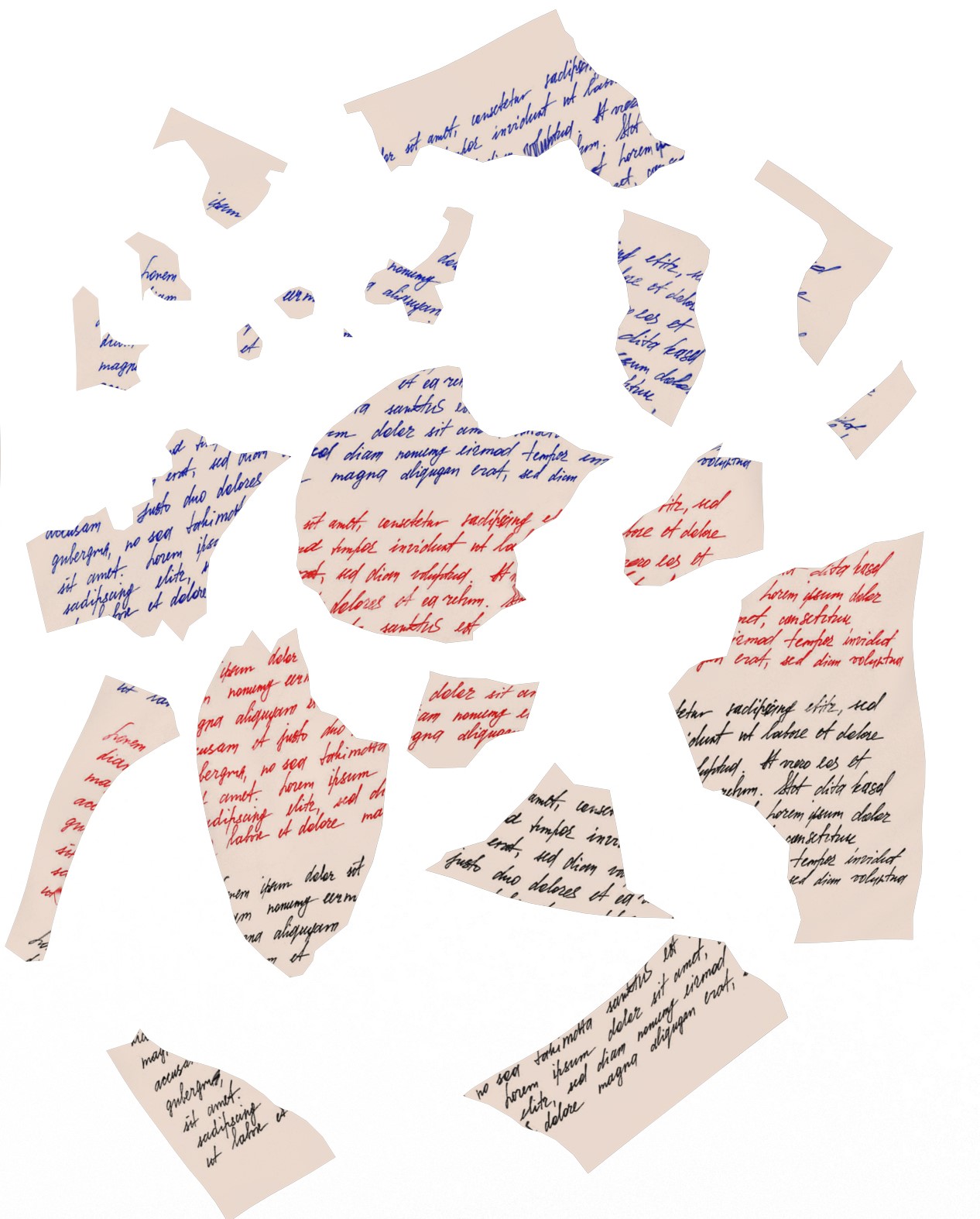 A handwritten page torn into scattered fragments, laid out unjoined on a white ground